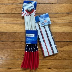 July 4th deco of Patriotic Flag bunting 12” x 24” and three 14” paper fans